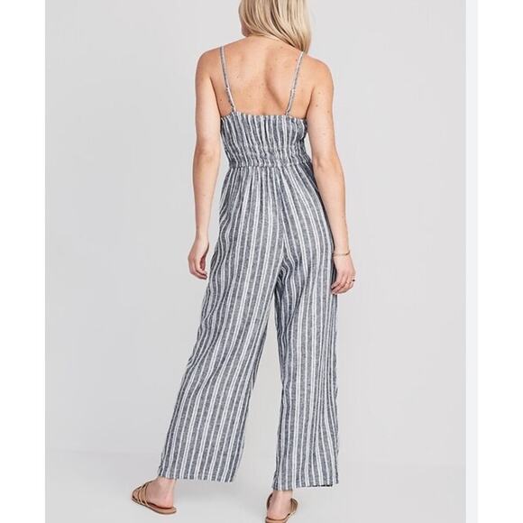 NWT Linen-Blend Cami Wide-Leg Jumpsuit Navy White Striped Size Medium - Picture 2 of 13